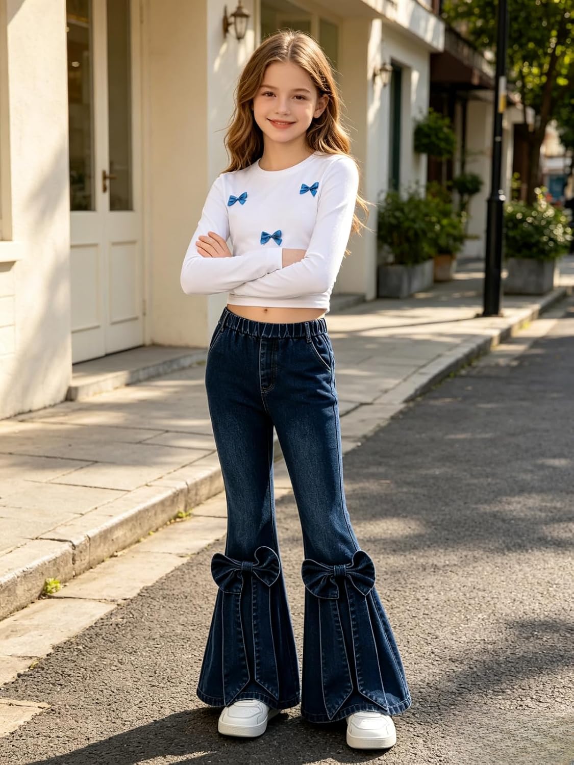 Size 9-16 Years Girls Clothes 2 Piece Cute Long Sleeve Tops & Denim Flare Pants Tween Teen Girls Fall Outfits Set