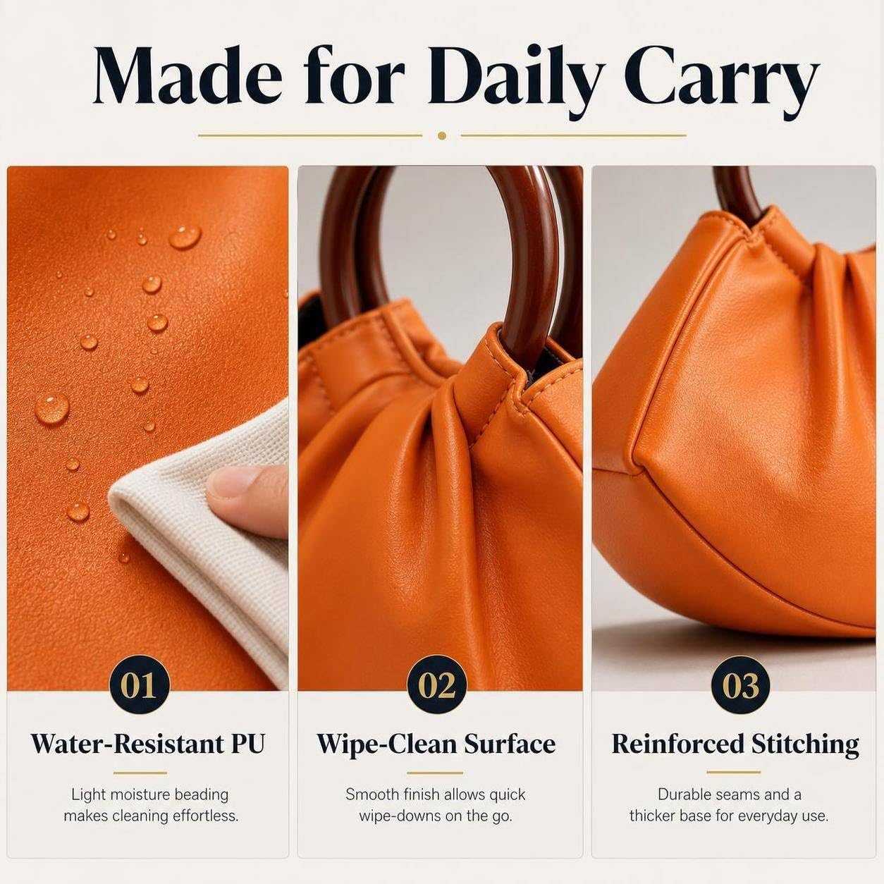 Women's Ruched Puffy PU Leather Handbag - Double Retro Wooden Handle Mini Tote
