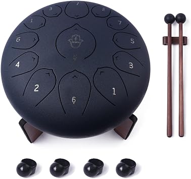 Steel Tongue Drum 12 Inches, 13 Notes Steel Drum + Unique Stand, Drum Sticks, Finger-Picks, Bag, Beginners Friendly&Adults | Spiritual Musical Instruments. Dark Blue
