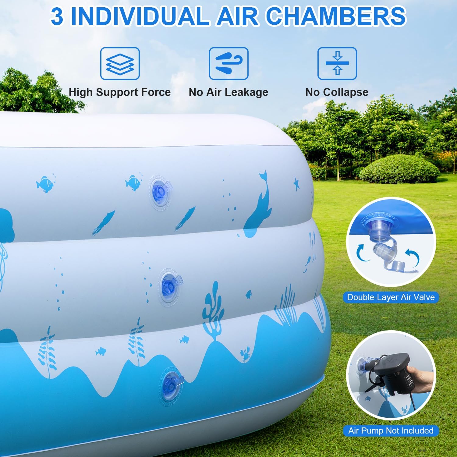 Large Inflatable Pool with Lights, 145" X 74" X 22" Family Inflatable Swimming Pools for Kids,Adults, Blow Up Pool Solar Powered, Inflatable Kids PooI for Backyard (Air Pump Not Included)