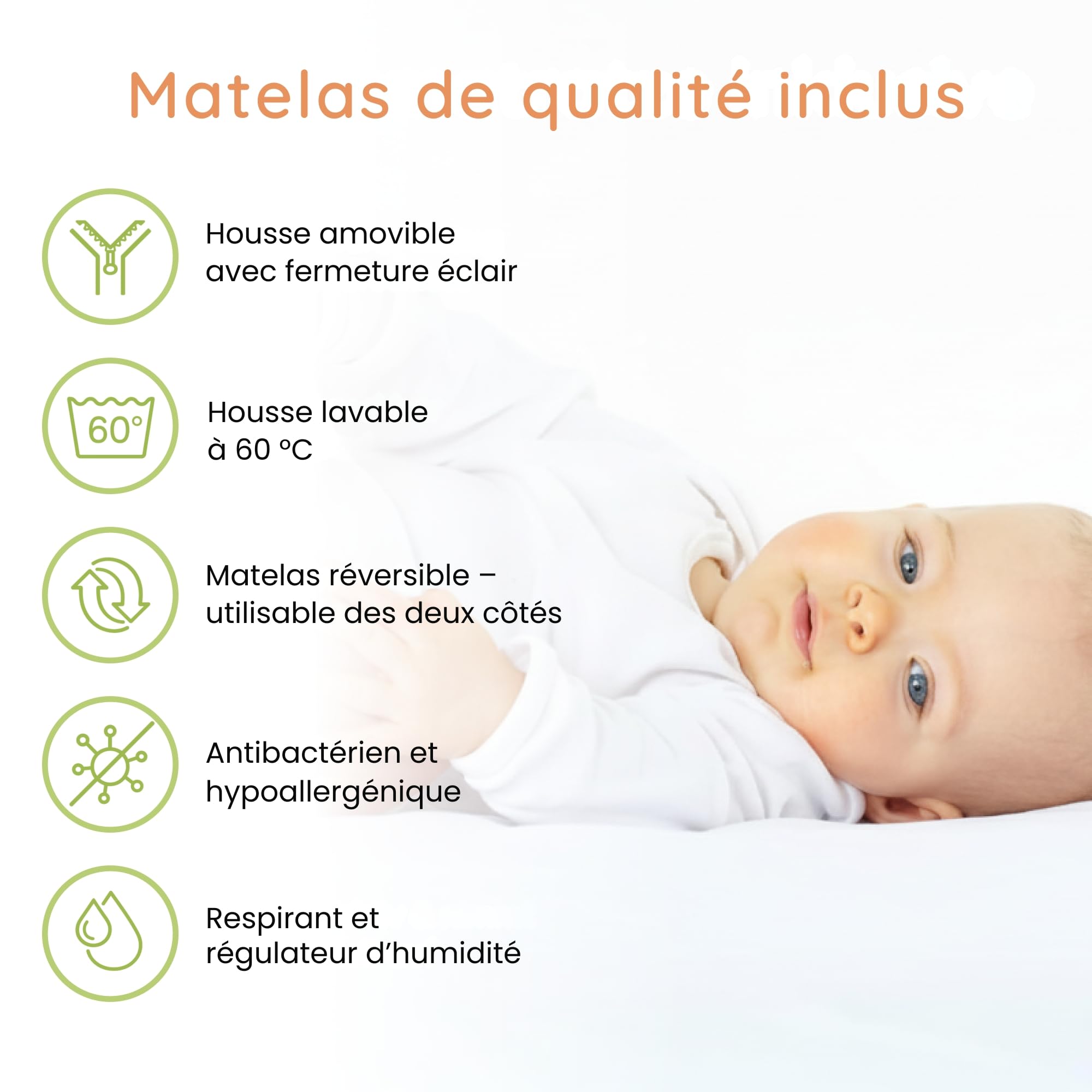 Lit Bébé 60x120 cm Lit à barreaux Évolutif Set Complet avec Matelas et Sommier 3 Hauteurs Tiroir, Barreaux Amovibles | Pin Massif Blanc
