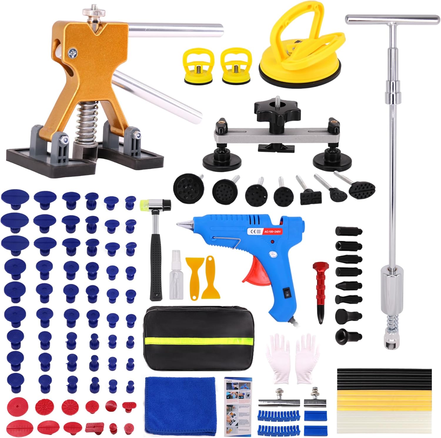 Car Dent Puller Kit,125 PCS Dent Repair Tool,Paintless Dent Removal with Golden Lifter,Bridge Puller,Slide Hammer T-Bar,Suction Cup Dent Puller for Auto Body Dents,Repairing Big and Dents, Dings