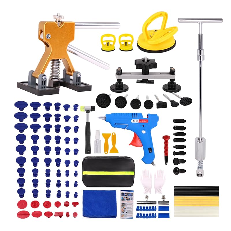 Kit de Reparo de Amassados Automotivos CZJCMECH com Extrator de Ponte, Martelo Deslizante T-Bar e Pistola de Cola, 125 Peças