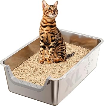 Stainless Steel Cat Litter Box, Steel Litter Pan with Curved Low Entry, Leak Proof 6 Inch High Side for Urine, Easy Entry for Kittens Older Cats, No Slip, 23.6" x 15.7" x 7.9", Grey