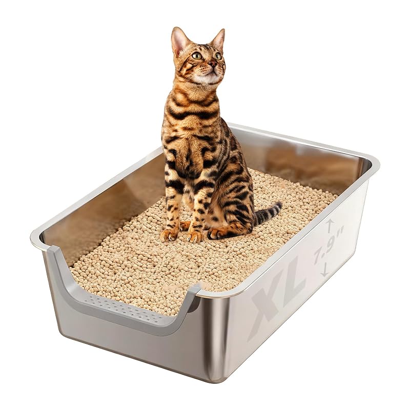 Caixa de Areia para Gatos em Aço Inoxidável com Entrada Baixa Tondid MSP-FT, Cinza, 59,94 x 39,88 x 20,07 cm