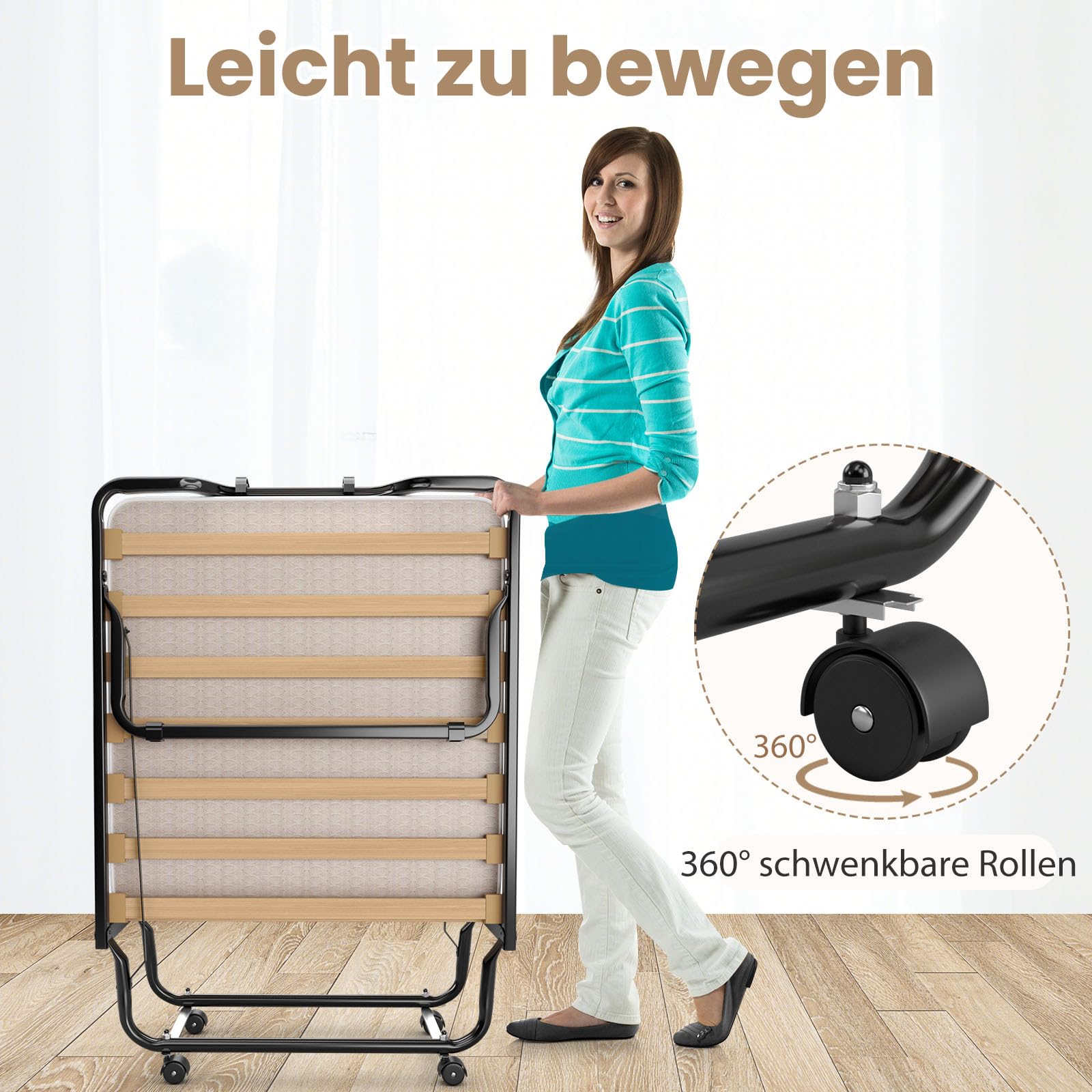 COSTWAY Gästebett klappbar 90x200 cm, Klappbett Erwachsene mit Matratze aus Rückstellschaum, Einzelbett mit 4 Rollen & Stabiler Metallrahmen, Reisebett für Camping & Gästezimmer (Beige)