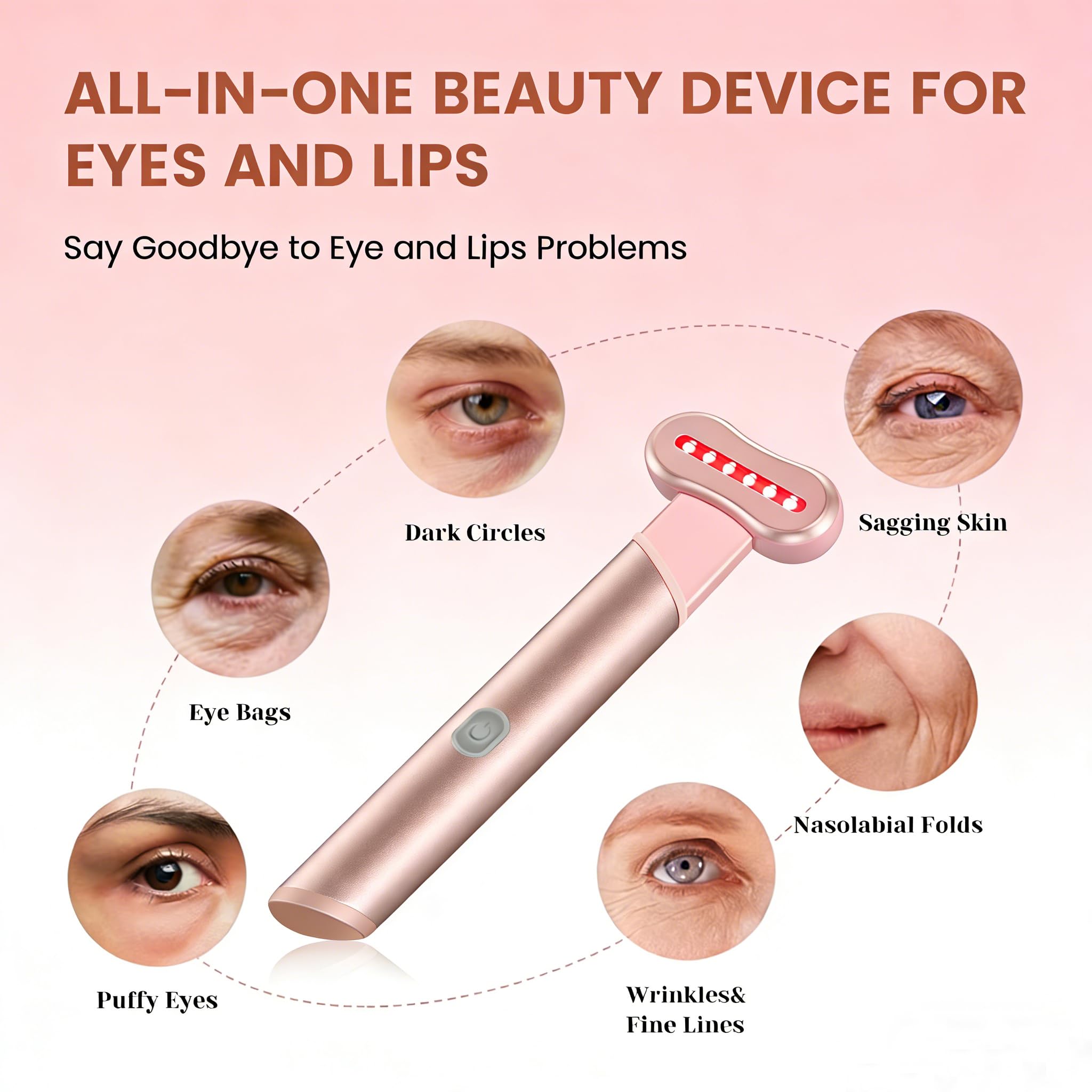 Appareil Anti Rides Soin Yeux, Massage Visage Apparei EMS 12000 Vibrations/Min avec Chauffage 42℃ Lumières Rouge & Bleue et Tête Rotative à 270° pour Raffermissant, Illumine le Teint
