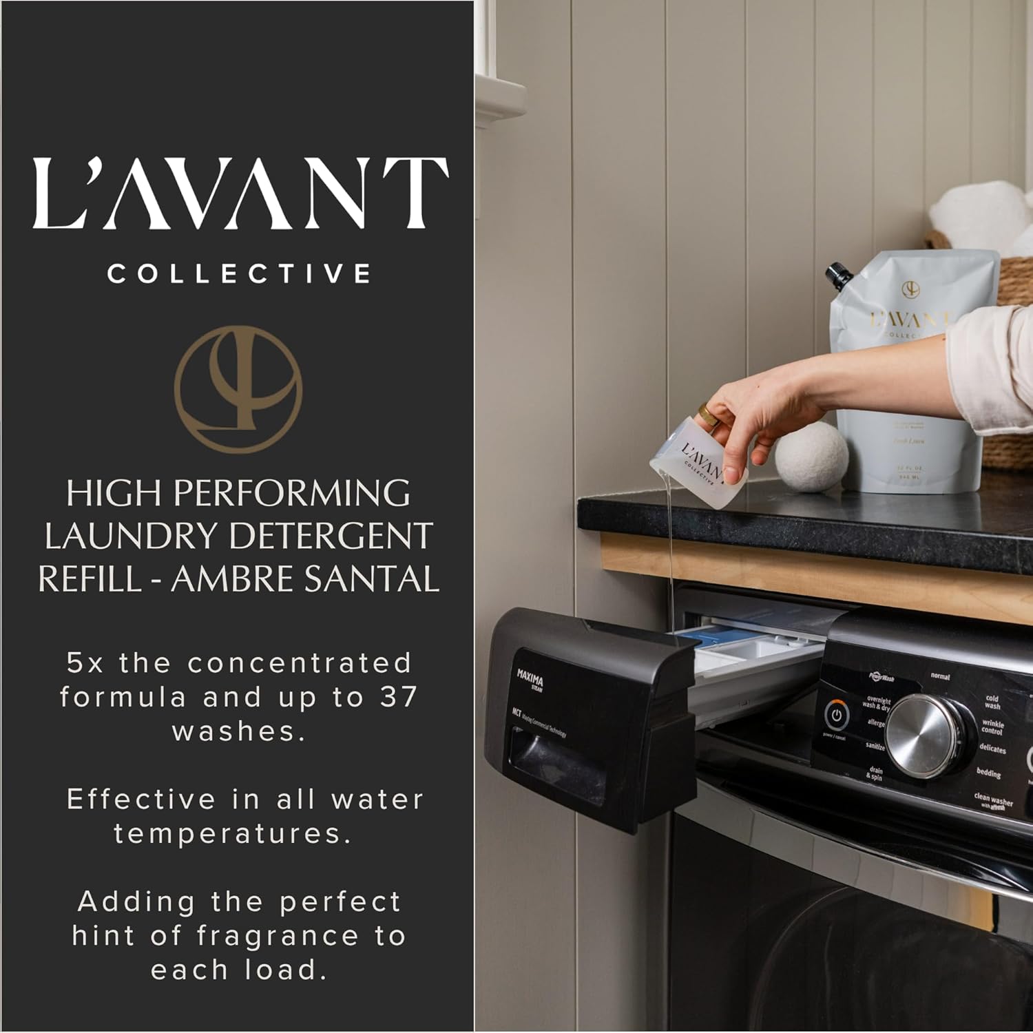 L'AVANT Collective Laundry Detergent Refill | Ambre Santal | Eco-Friendly Non-Toxic Liquid Laundry Detergent | 75% Less Plastic, Plant-Based 5x Concentrated Formula, HE Compatible | 32 oz