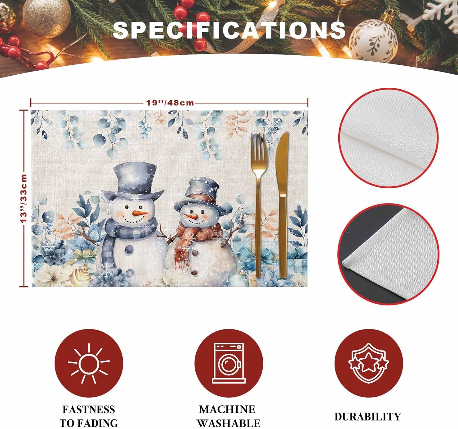 Christmas Placemat Snowman Eucalyptus Leaves Non-Slip/Wipe Clean Linen Dining Table Mat Set Retro Snowflake Floral Heat-Resistant Table Liner for Holiday/Party, Table Decoration Anniversary Set of 12