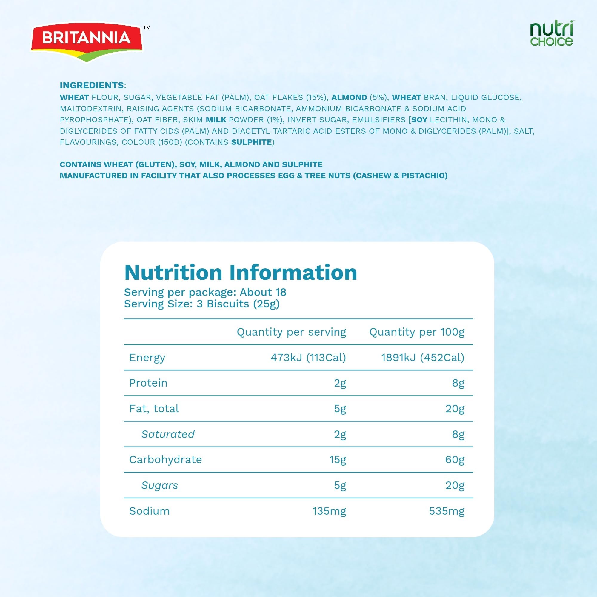 Britannia NutriChoice Oats Almond Milk 2.64oz (75g) - Crispy, Crunchy Tea Moments - Breakfast & Tea Time Snacks (Pack of 6)