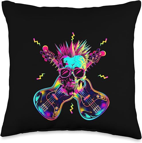 Miniatura 4 de Streetwear Synthwave 80s 90s skull rock music bass guitar Throw Pillow
