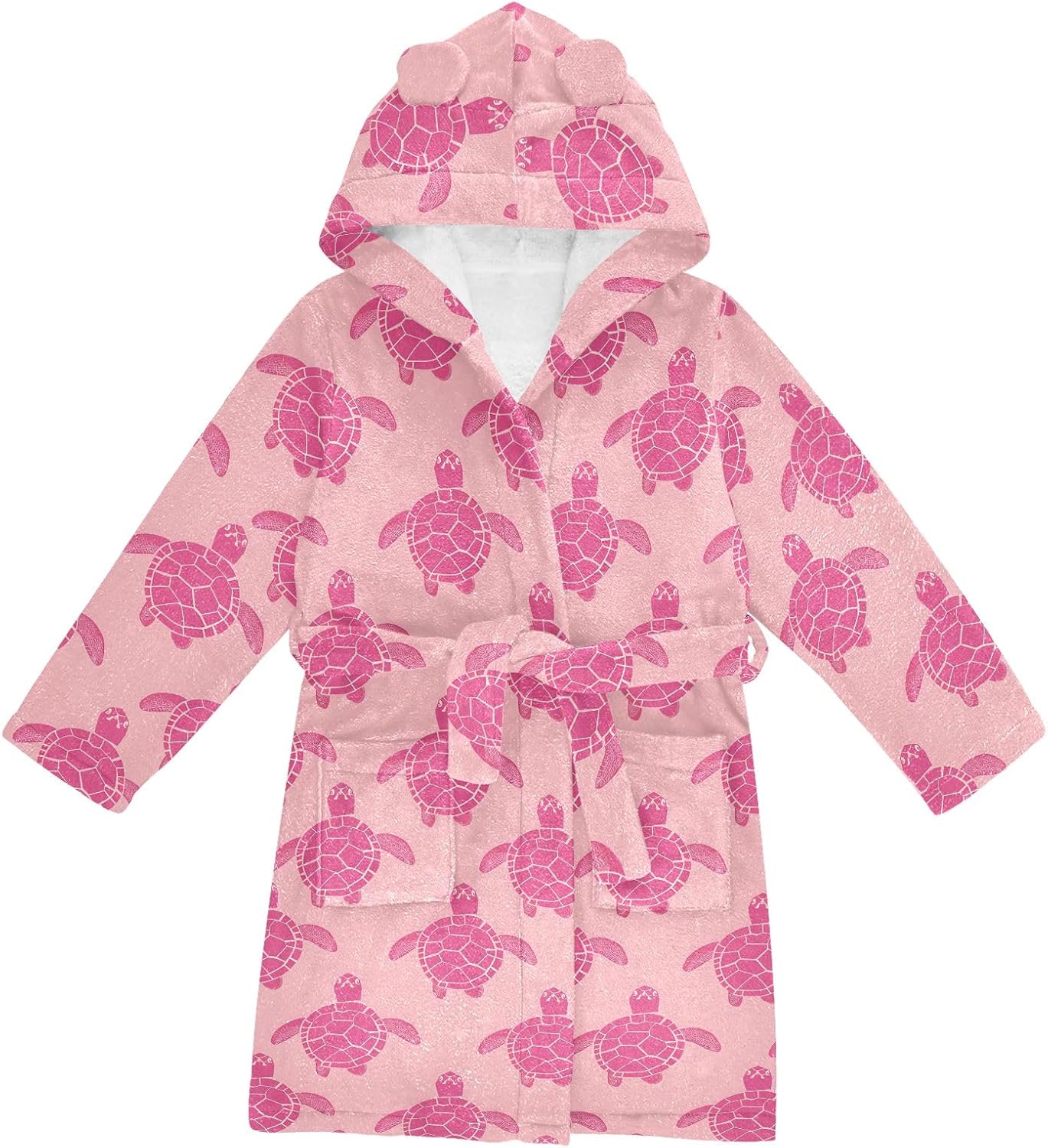 Pink Sea Turtle Toddler Hooded Bathrobe for Boys Girls Soft Plush Bath Towel Robe 2-12 Years