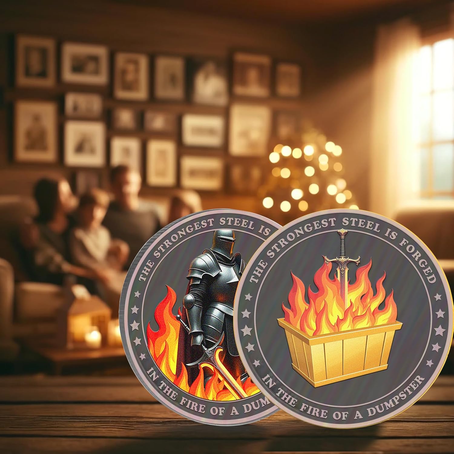 Dumpster Fire Challenge Coin - Knight and Sword Emotional Mental Health Pocket Token - Inspirational Gift for Men Women Kids- Engraved The Strongest Steel is Forged in The Fire of a Dumpster