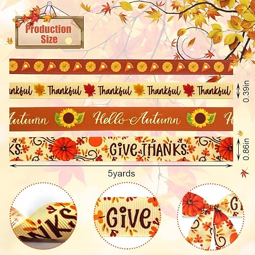 Miniatura 2 de Hying 4 rollos de cintas de grogrén de otoño para envolver regalos, cintas de girasol de hojas naranjas otoñales para decoración de fiestas de