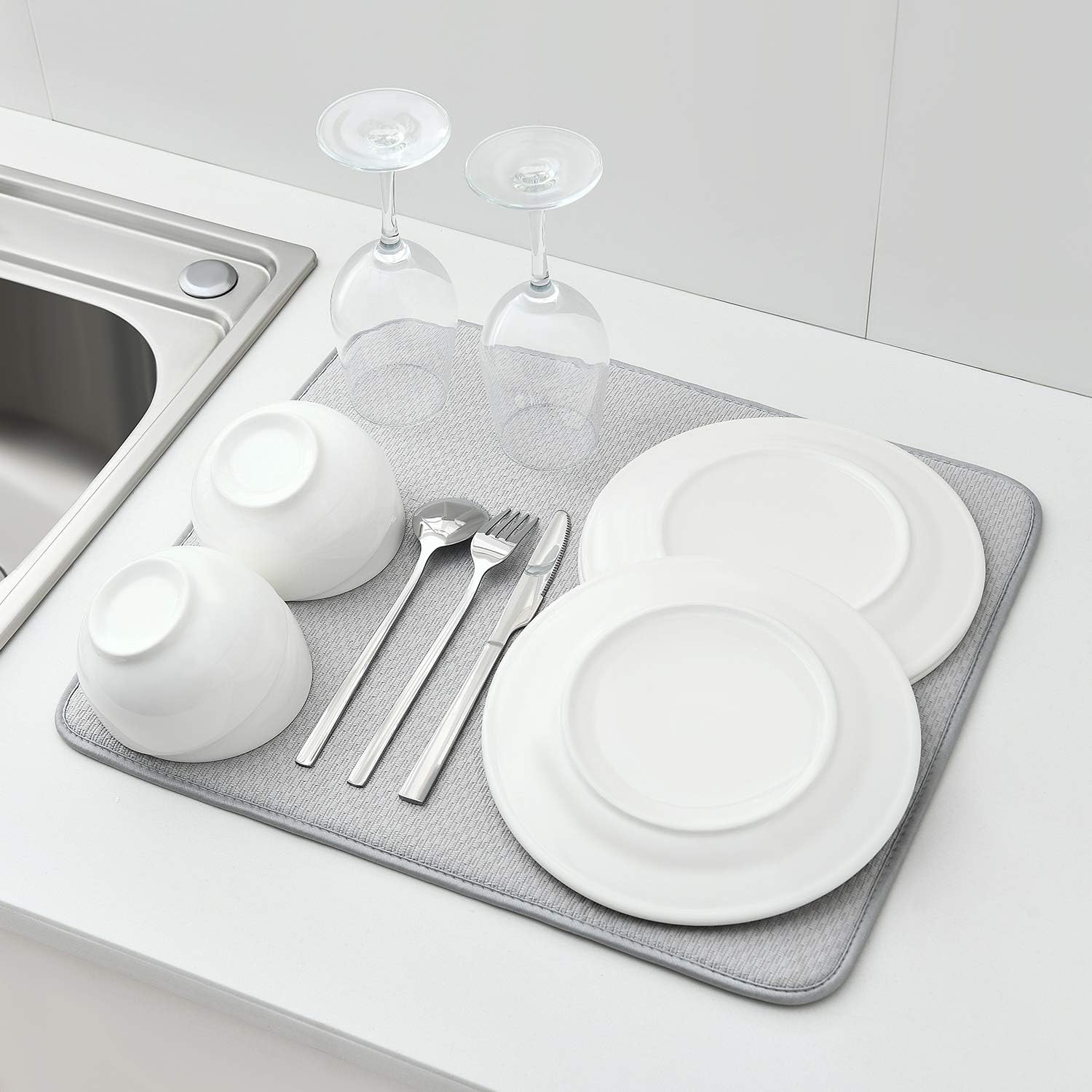 SUBEKYU Microfiber Dish Drying Mat for Kitchen Counter, Absorbent Dishes Drainer/Rack Pad for Countertop (Light Grey 2P): Home & Kitchen