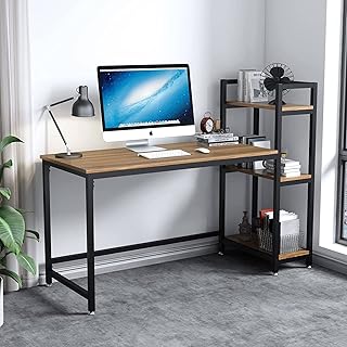 Dripex Tower Computer Desk with Storage Shelves, Convenient Study Table with Bookshelves, Modern Steel Frame Wood Desk for Home Office and Writing, Walnut Brown
