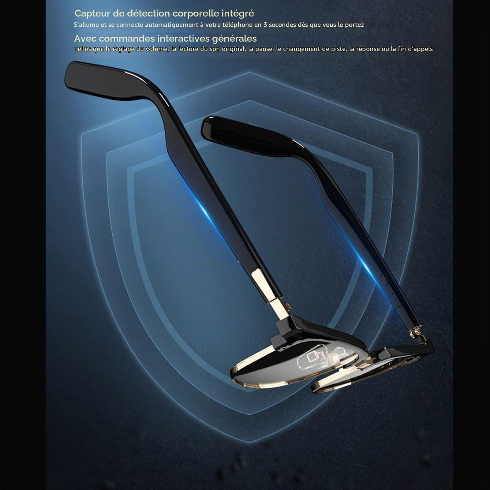 Lunettes Intelligentes Bluetooth 5.3, IP67 Étanches Double Batterie 115mAh Autonomie 7h | Détection Corps Humain Activité Sport Course Conduite | Haut,parleur AAC Micro Intégré