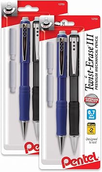 Pentel Twist-Erase III Mechanical Pencil,0.7mm,Assorted Barrel Colors with Eraser Refills QE517BP2,Pack of 4