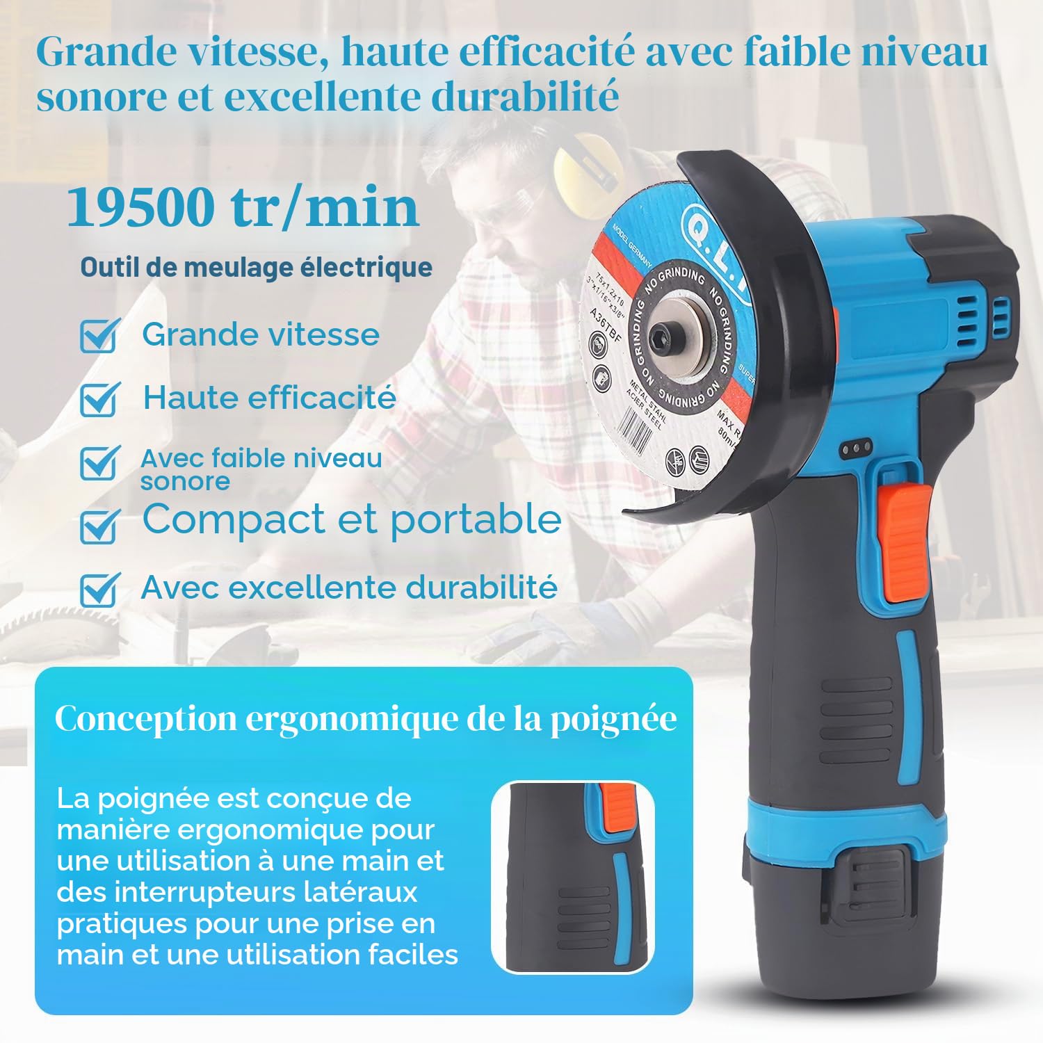 Mini Meuleuse D'Angle Sans Fil 19500RPM 12V Professional Disqueuse Sans Fil avec 2 batteries 4500mAh, 7 Disques à Tronçonner 75mm, Meuleuse d'angle pour Couper, Polir et Poncer