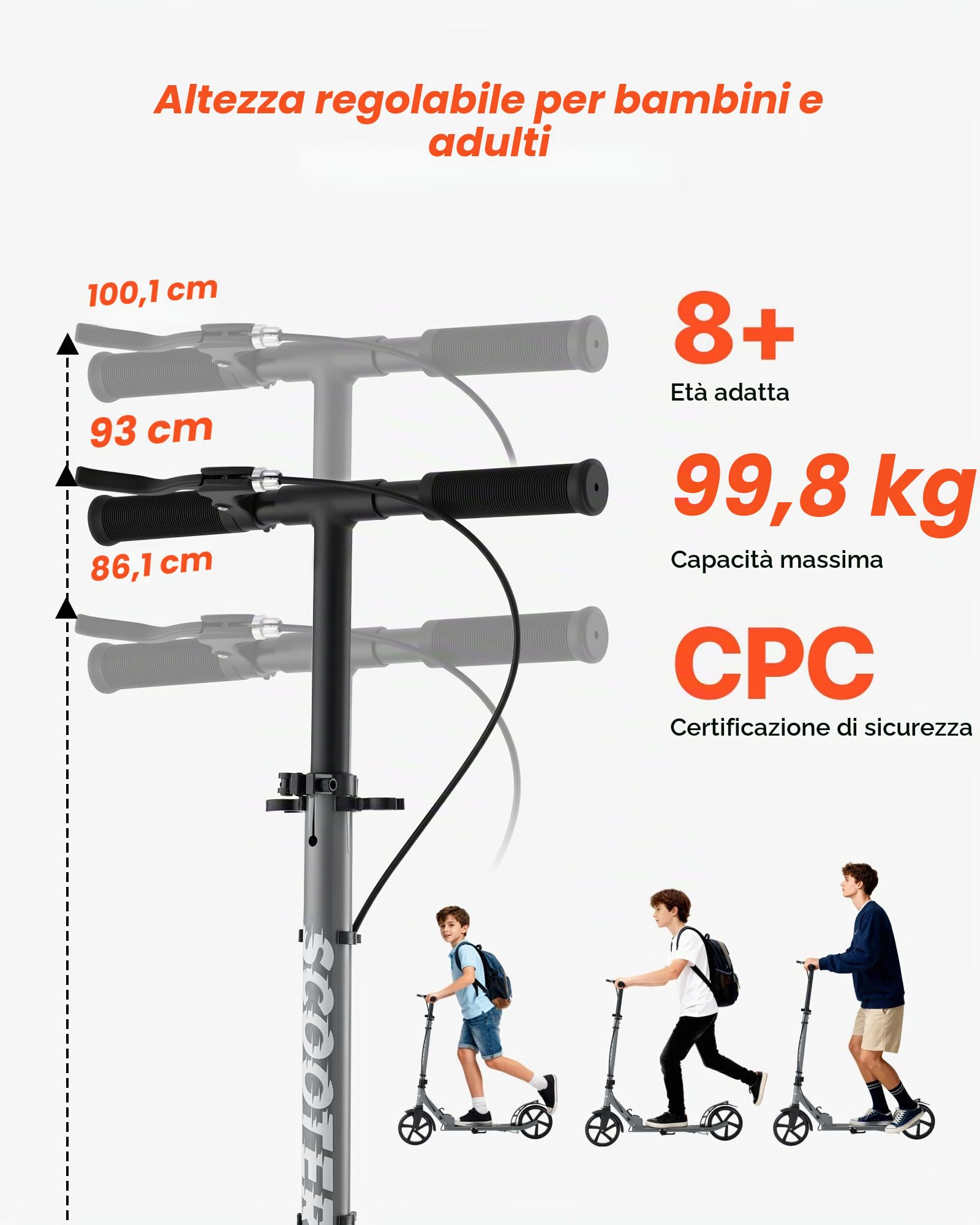 VEVOR Monopattino con 2 Ruote per Bambini da 8 Anni, Monopattino Pieghevole per Mobilità Urbana per Bambini Carico max. 100kg con Manubrio Regolabile in Altezza, Pedana Antiscivolo e Freno a Mano