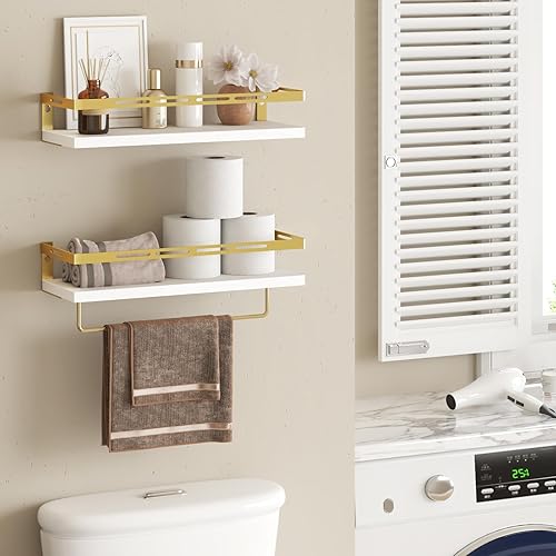 Miniatura 3 de YGEOMER Estantes flotantes para organizador de baño, sobre el inodoro, estantes de baño montados en la pared con toallero, estante de pared para
