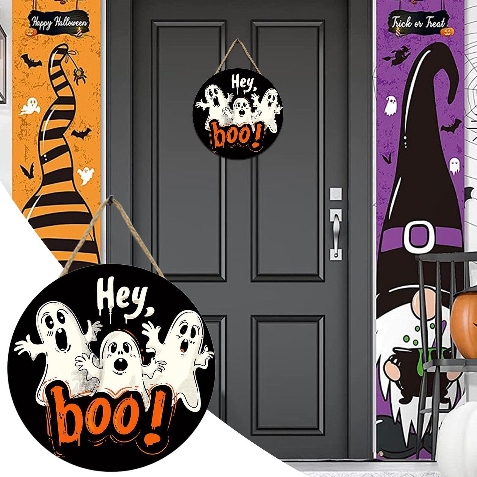 Horienteeon Decorazione per porta di benvenuto per Halloween, simpatico segno Hey Boo, cartello di benvenuto da appendere a scheletro di Halloween, cartello per porta in legno, decorazione da parete