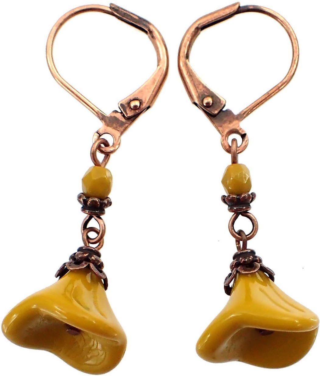 Mustard Yellow and Copper Vintage Style Flower Leverback Dangle Earrings