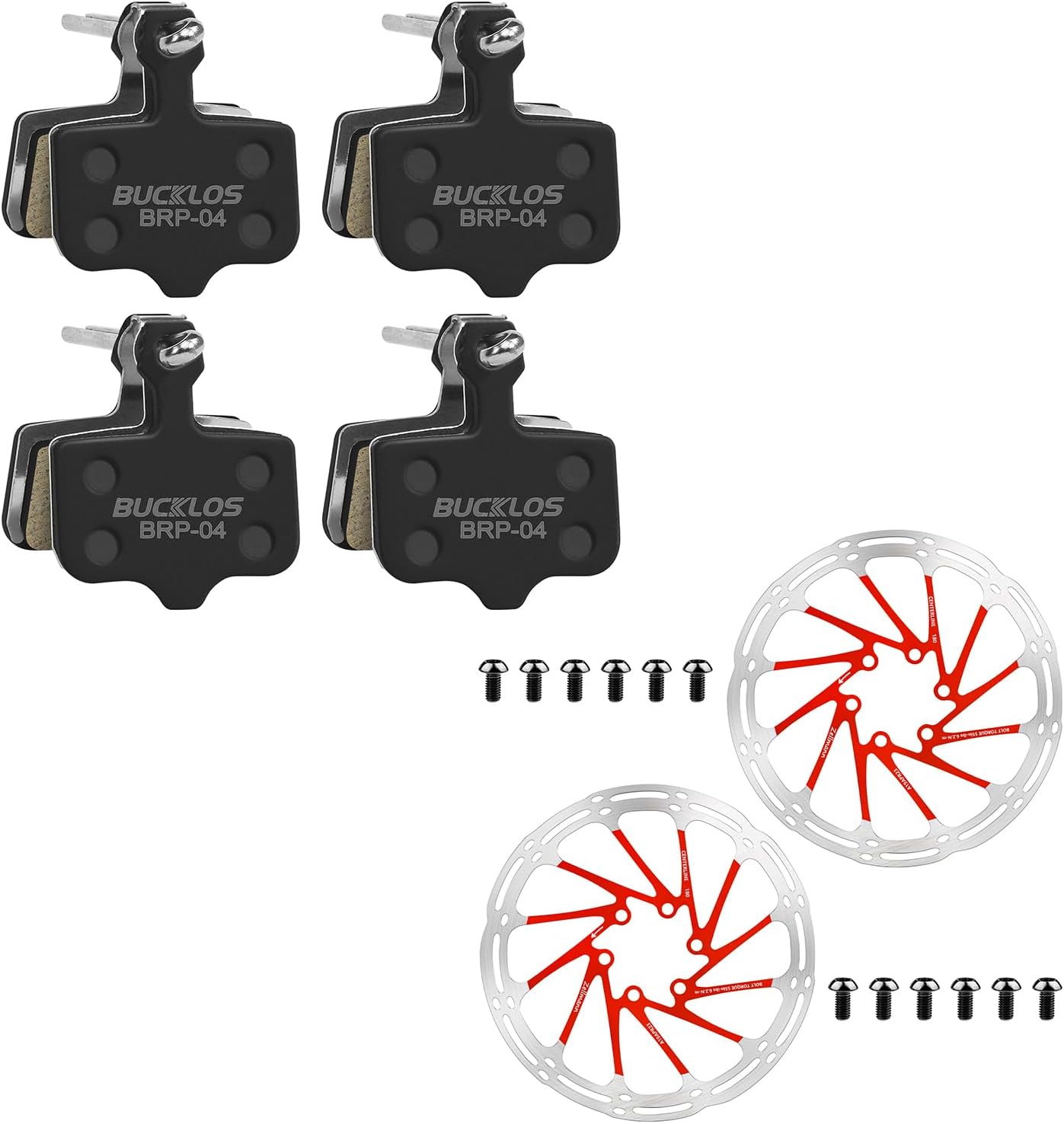 BUCKLOS 4 Pair Resin Bike Disc Brake Pads for Sram Avid Elixir and 2PC 180mm Red MTB Stainless Steel Bicycle Disc Rotors Bike Brake Rotors