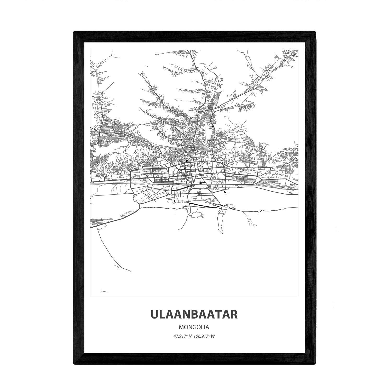 Nacnic Poster with map of Ulaanbaatar - Mongolia. Asian cities sheets with seas and rivers in black color. A3 size