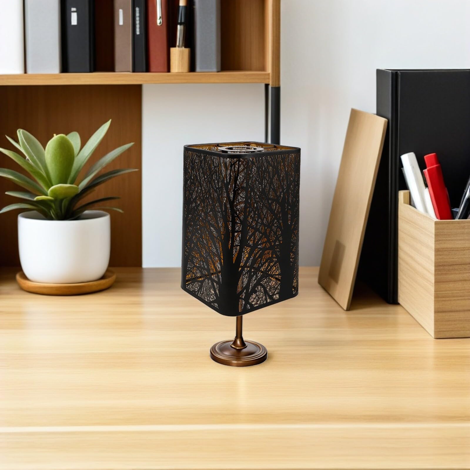 Paralume da Tavolo in Metallo Nero Rettangolare Design Artistico Natura, Resistente alla Deformazione, Versatile per Soggiorno e Camera