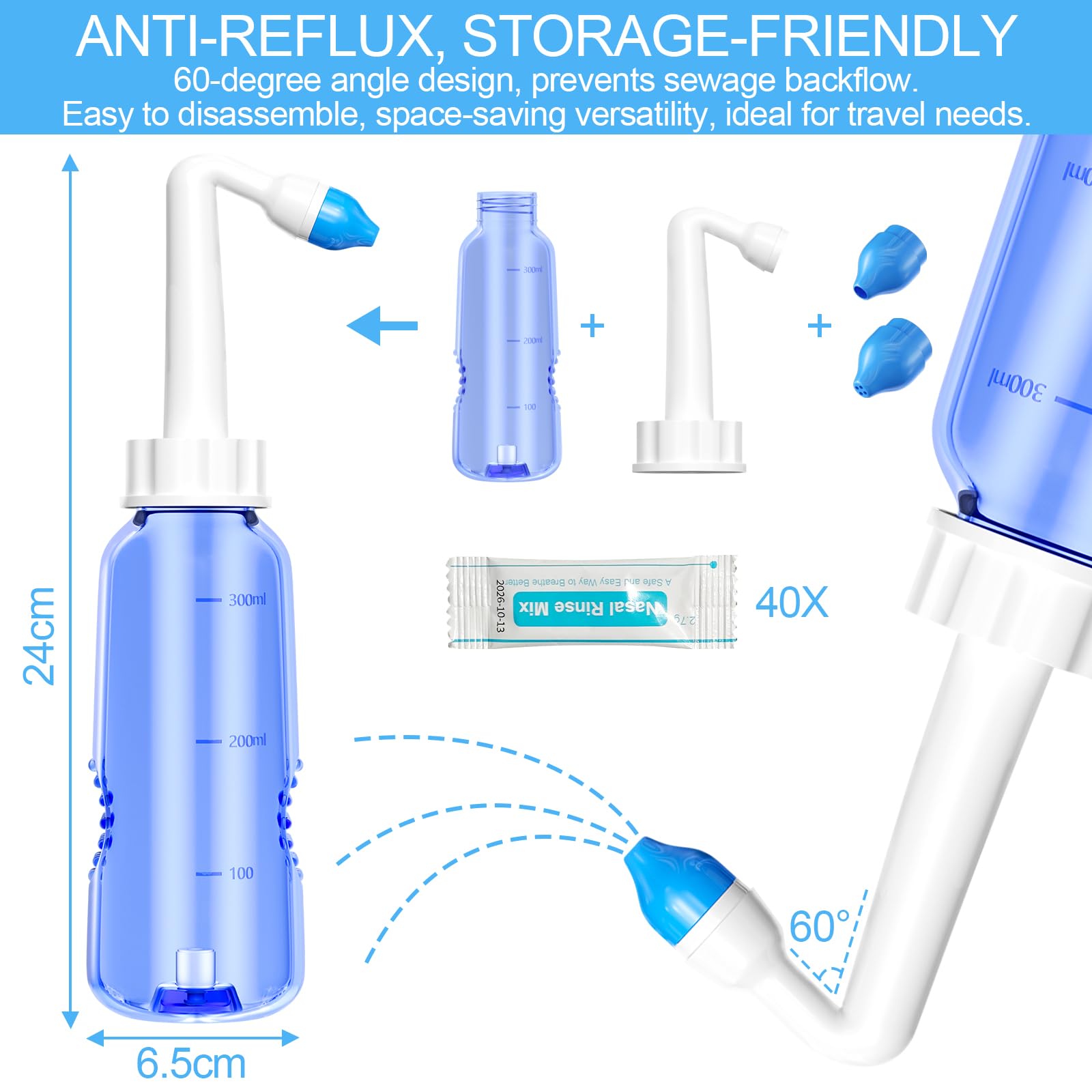 Lavage Nez 300ml Seringue Nasale Adulte avec Sachets de Sel Nasal Kit Irrigation Nasale