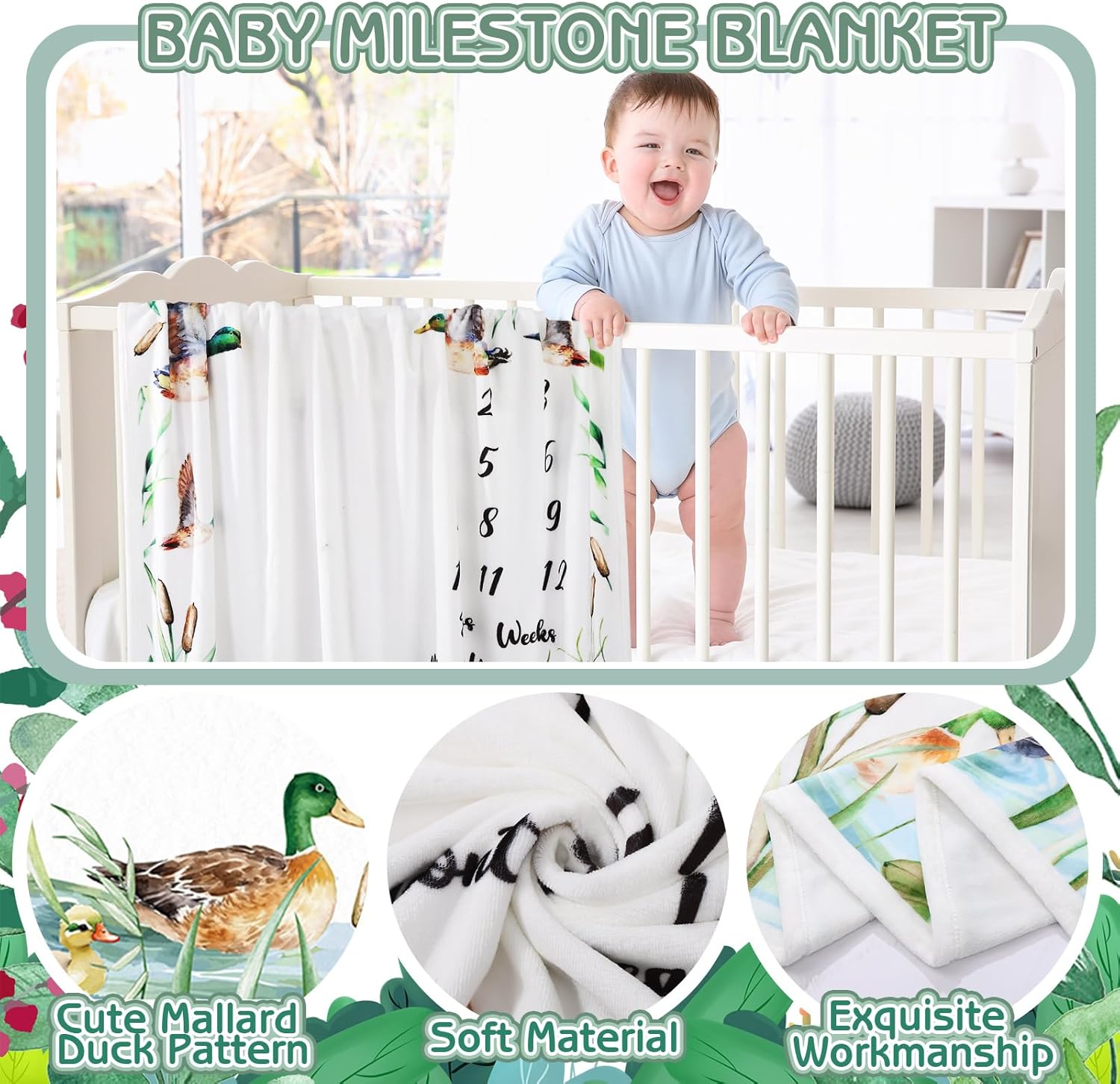 Mallard Duck Monthly Milestone Blanket for Baby Boy Flannel Newborn Infant Swaddle Growth Chart Photography Background with Baby Birth Signs, Felt Frames, Bibs - Image 3