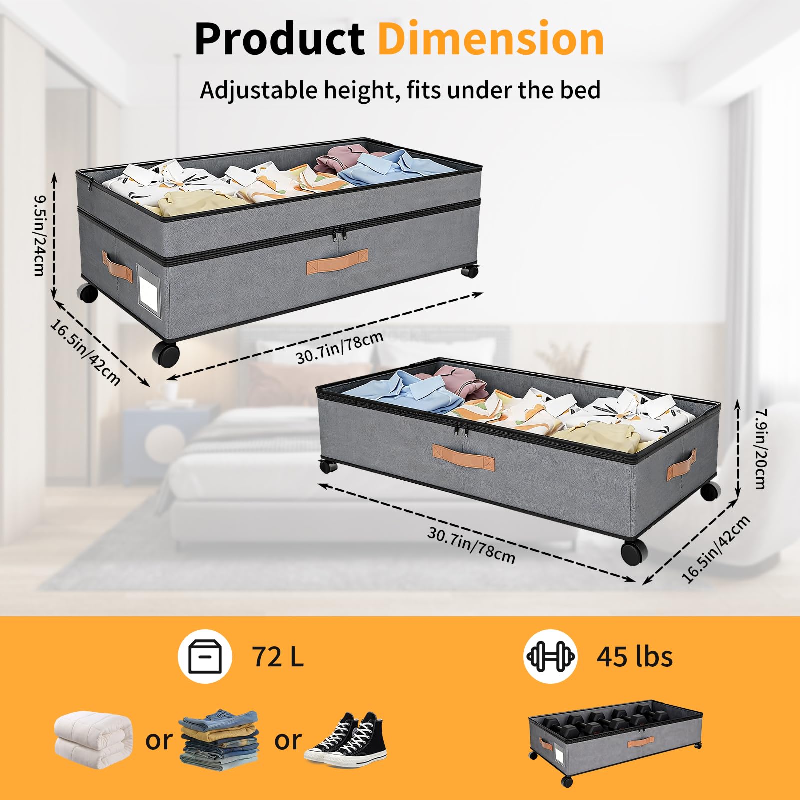 Lot de 2 Rangement Sous Lit à Roulettes avec Couvercle-72L Boite Rangement Sous Lit Pliable pour Vêtements, Couettes et Chaussures-Tiroir Sous Lit Métallique Robuste avec Fenêtre Transparente