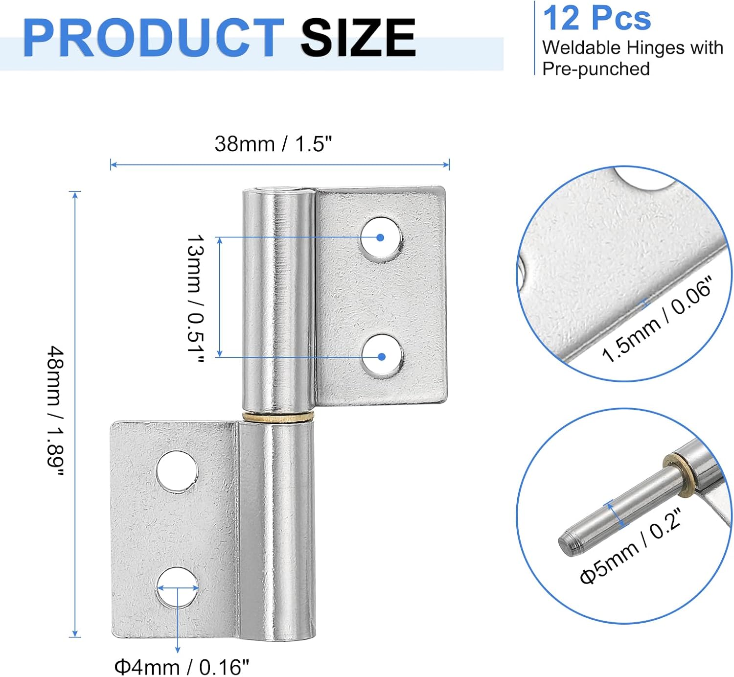uxcell 12Pcs 2" x 1-1/2" (LxW) 304 Stainless Steel Weldable Hinges with Pre-Punched Lift Off Hinge Flag Hinges Detachable Door Hinges for Metal Gate Swing Door Trailer Ramp, Silver