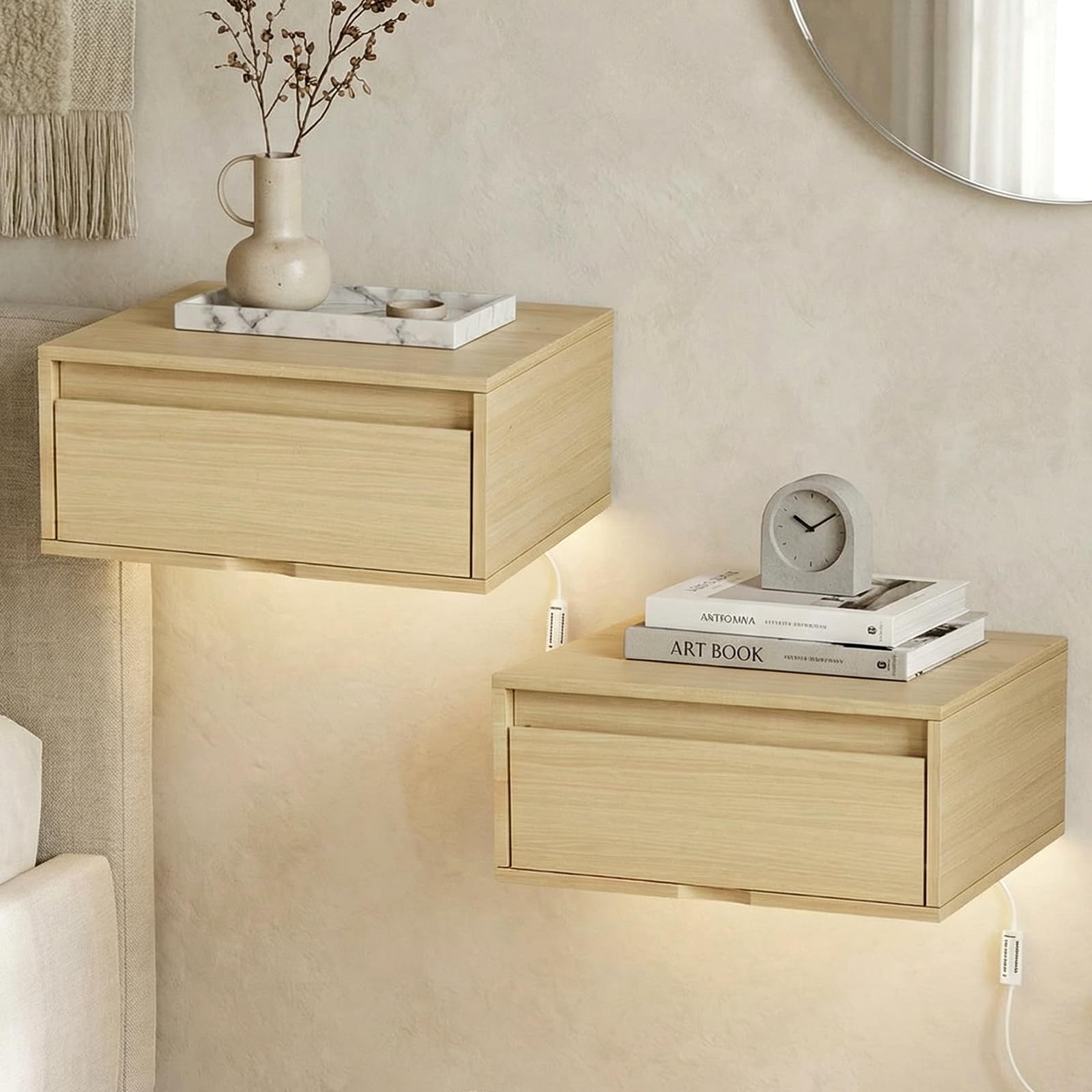 Clevich Nachttisch Hängend 2er Set, Hängender Nachtschrank mit Schublade