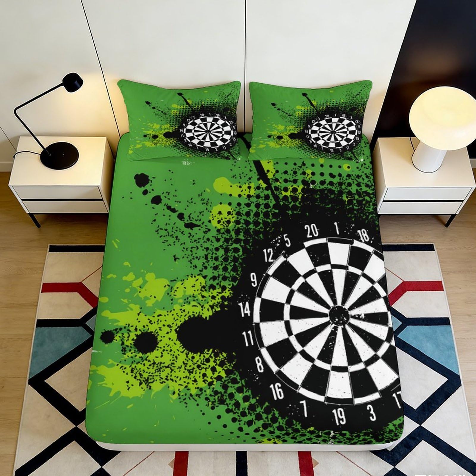 3D Printed Dartboard Green Fitted Sheet Microfiber Non-Slip Artistic Bed Sheet for Bedroom Guest Room 90x200x25cm