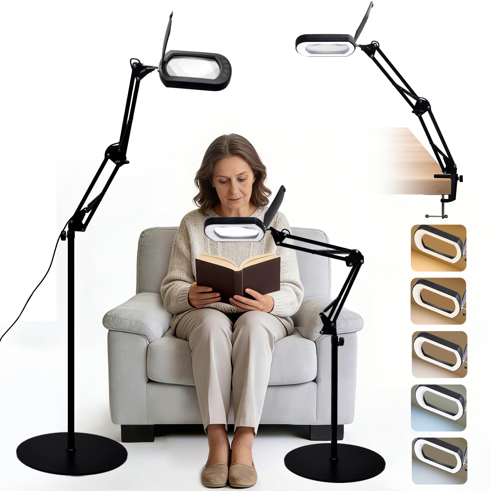 CGBE Lampe Loupe 10X avec lumière: 5'' Loupe de Lecture avec étui Anti-poussière, 5 modes couleur et intensité variable. 3-en-1 Loupe Lampe Inclut Socle et Pince pour Bricolage, Travaux et Loisirs.