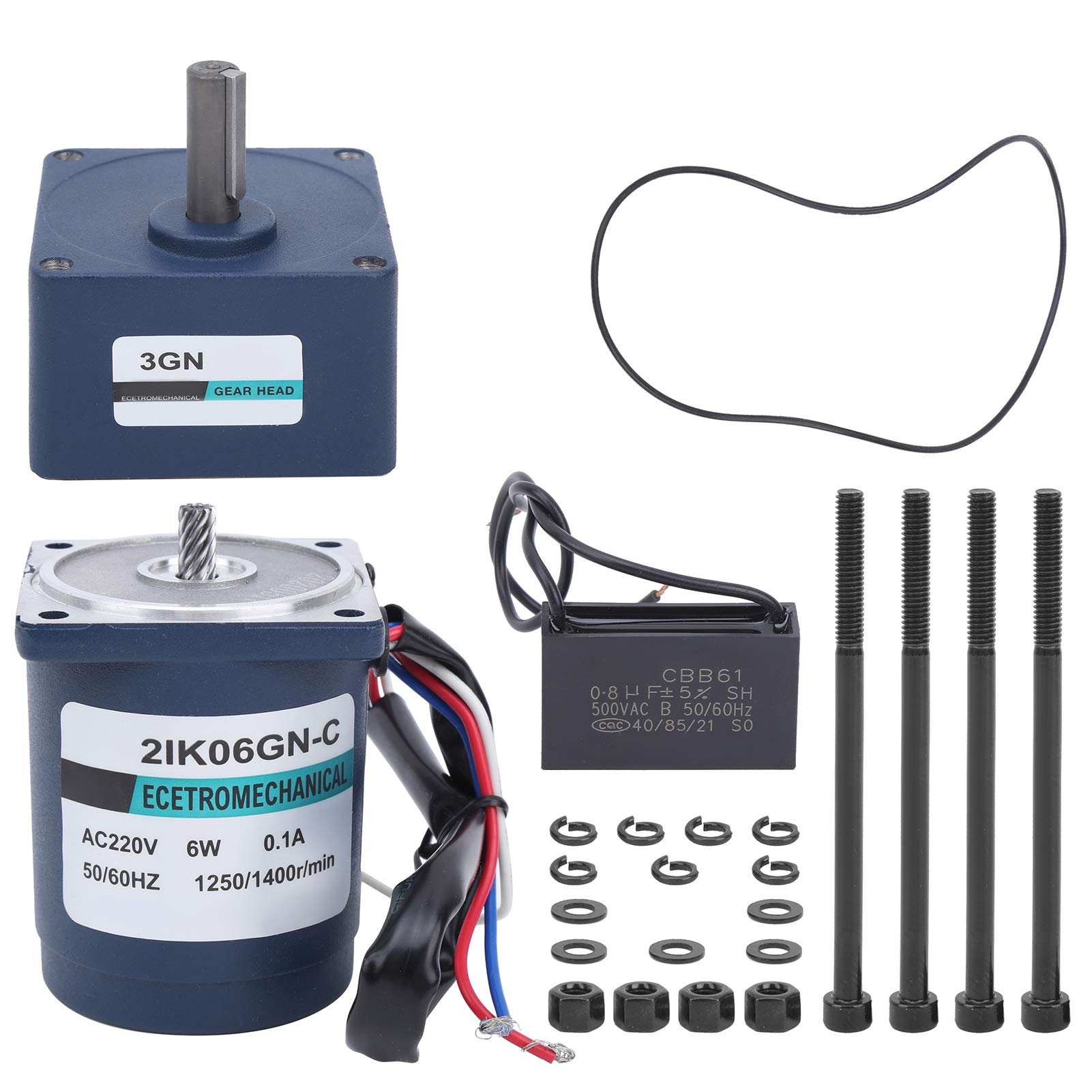 SIXRUN Motoriduttore AC Motore AC220V in Acciaio Inossidabile 6W Velocità Fissa con Regolatore del e Condensatore 1250 1400 RPM per Apparecchiature di Trasporto Macchine Fai da Te Uso in Officina (60)