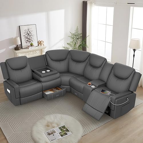 Home Theater Seating, Manual Recliner Sectional Sofa for Living Room, 5 Seater Reclining Sectional Couch with Flip-Up Backrest, Storage Console, USB Ports, L-Shaped Sofa PU Leather Gray