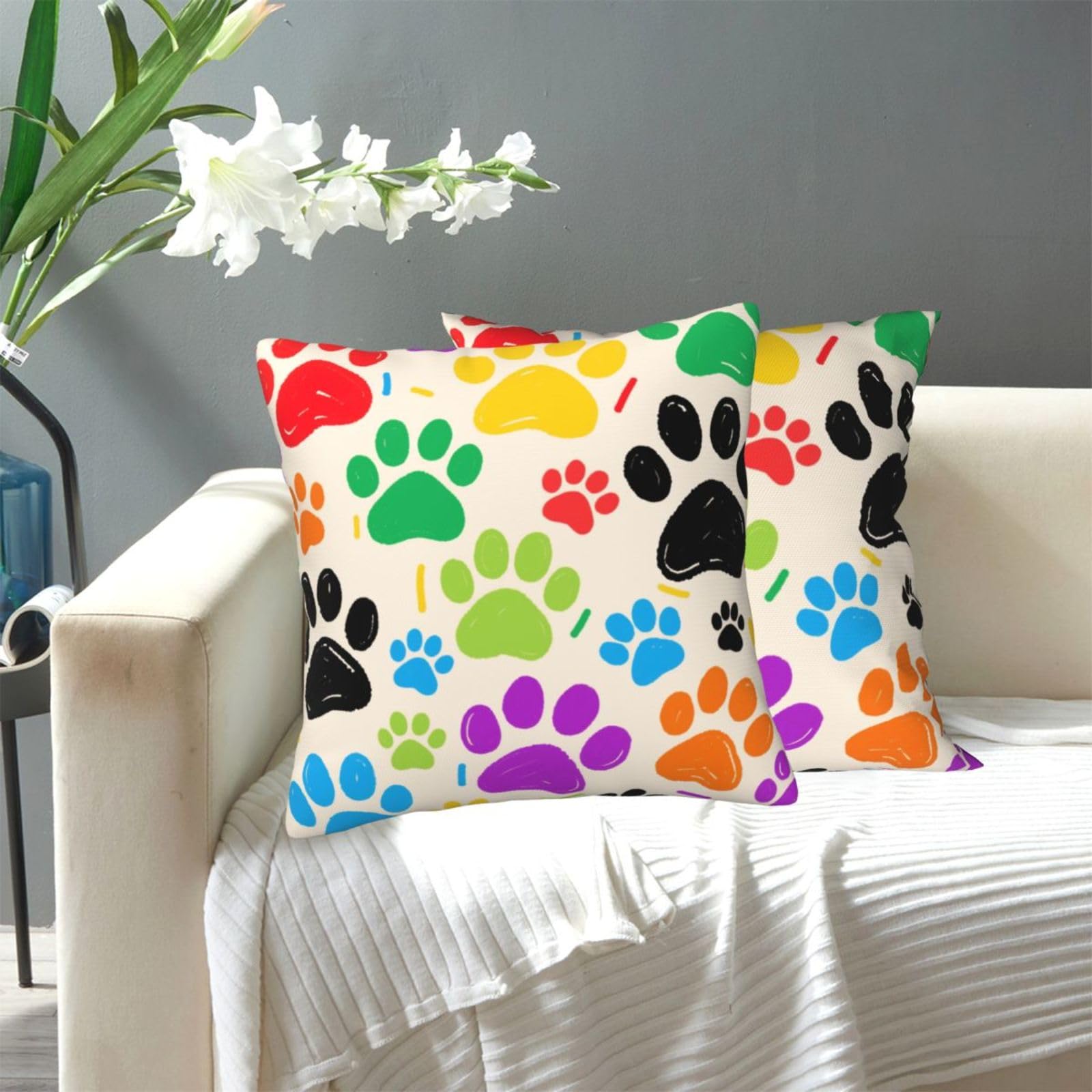 FekiLoot Decorative Throw Pillow Covers Modern Farmhouse Pillowcase Double Sided Cozy Cushion Cover for Sofa Couch Bed 20"X20" Colorful Doodle Paw