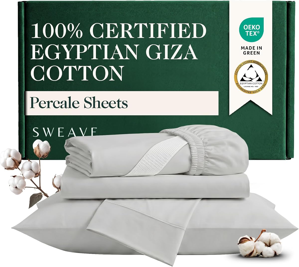 100% Certified Giza Egyptian Cotton Percale King Sheet Set- 4Pcs,Light Grey | Genuine 400 Thread Count - Naturally Crisp, Breathable & Cooling Sheets - Softer After Each Wash - Oeko-TEX Certified