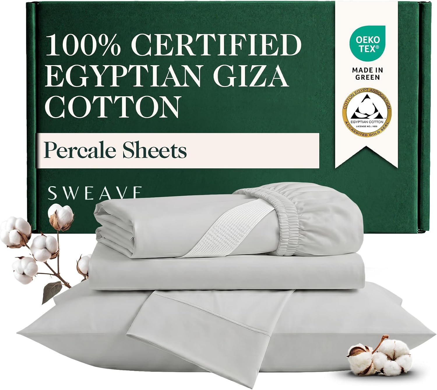 Sweave 100% Egyptian Cotton Percale Sheets Queen Size - Genuine Luxurious 400 Thread Count - Naturally Crisp, Breathable, Skin-Friendly & Cooling - Softer After Each Wash - Oeko-TEX Certified Giza