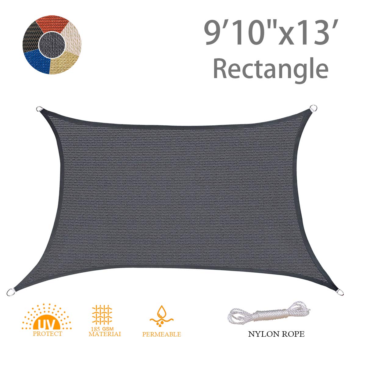 AXT SHADE 9'10" x 13' Rectangle Sun Shade Sail UV Block for Outdoor Patio Garden Backyard Lawn, Charcoal