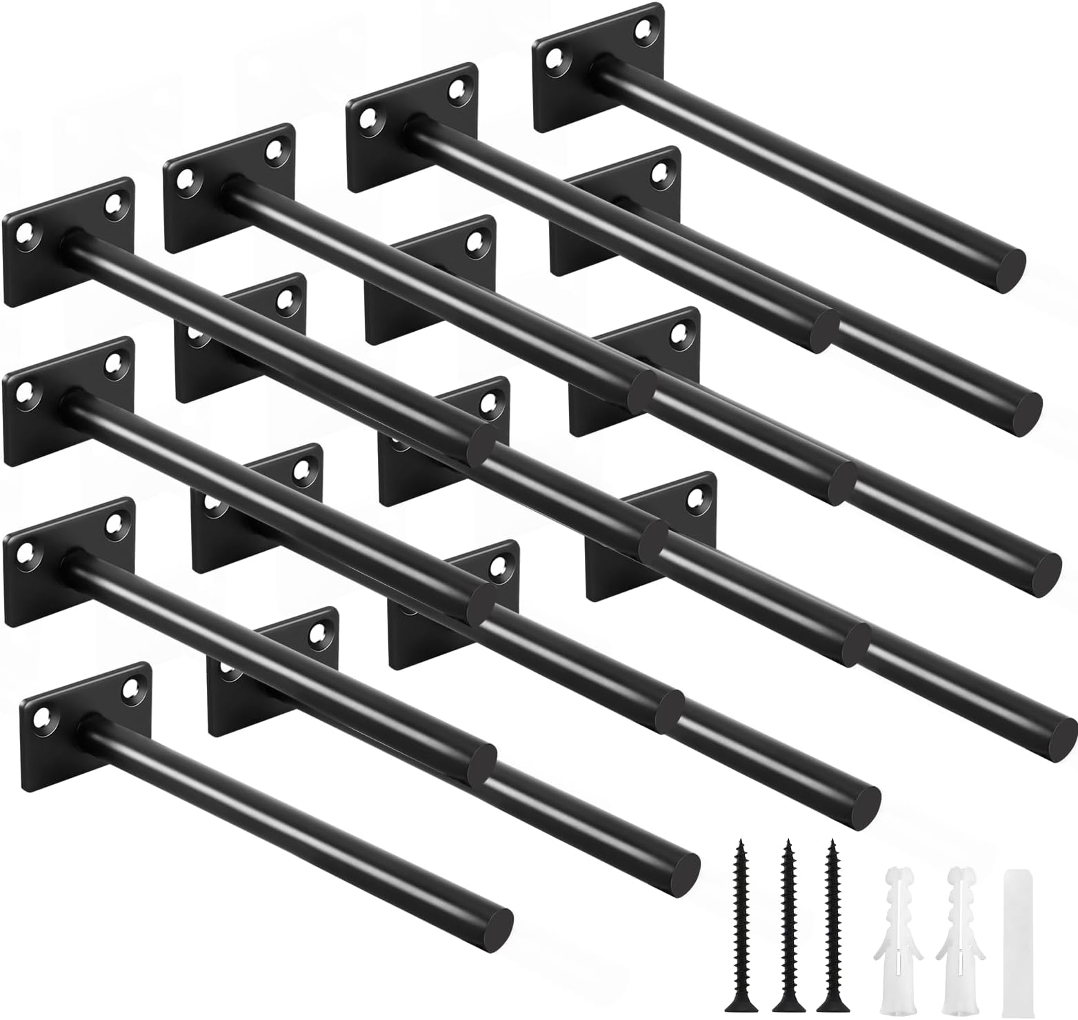 16 Pcs 6" Black Solid Steel Floating Shelf Bracket Blind Shelf Supports - Hidden Brackets for Floating Wood Shelves - Concealed Blind Shelf Support – Screws and Wall Plugs Included