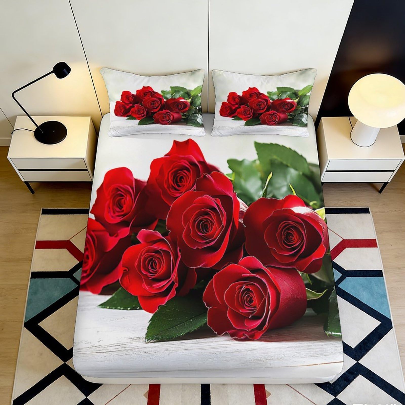 3D Printed Red Rose Fitted Sheet Microfiber Soft Breathable Floral Bouquet Mattress Cover for Bedroom Dorm Decor 90x200x25cm