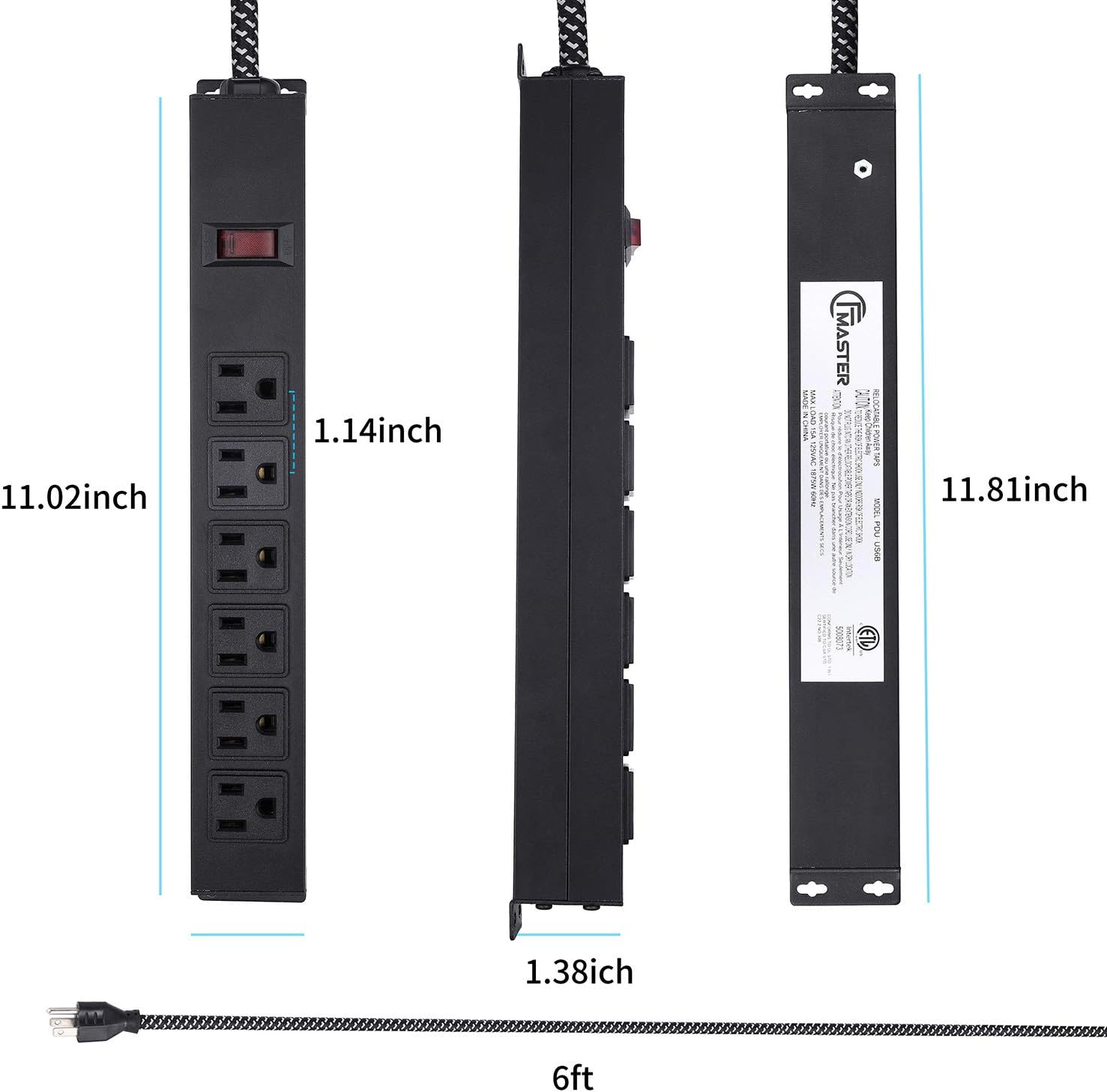 Bіg Sаlе Metal 6 Outlet Black Surge Protector Power Strip Long Extension Cord 6 Feet with Switch,15 A /125 V /1875 W /300 Joule,Workshop Power Strip with Surge Protection