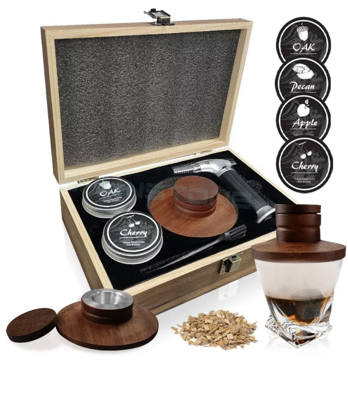 Whisky Smoker Kit met zaklamp - 6 smaken houtsnippers, 2 glazen, 6 stenen, cocktail roker infuser kit, ouderwetse drank, verjaardag Bourbon Whisky geschenken voor mannen, vader (geen butaan