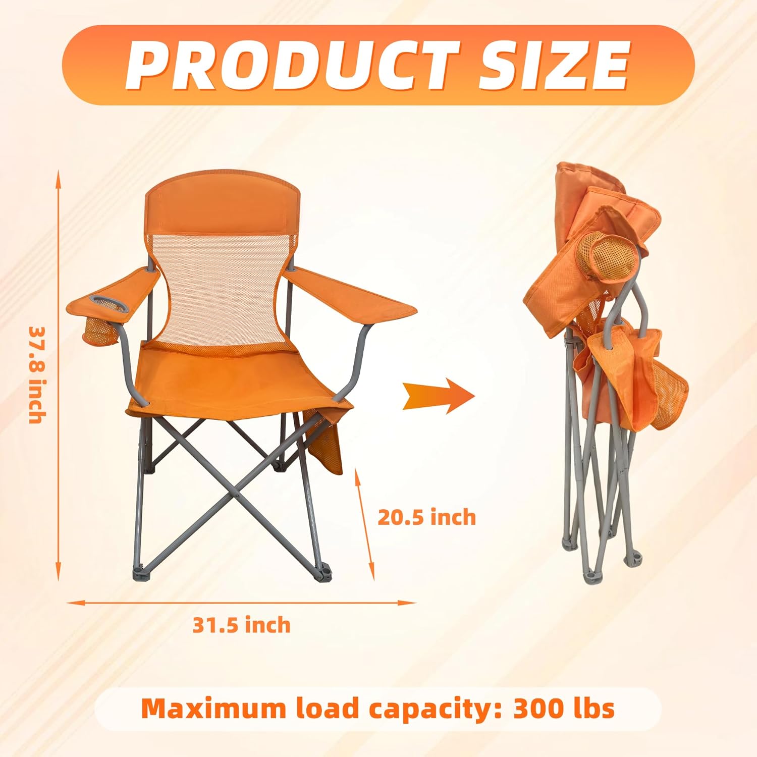 Outdoor Folding Camping Chair with Insulated Cooler, Padded Seat and Back, Cup Holder and Storage Pockets, Lightweight Portable Chair with Carry Bag for Camping, Beach, Lawn and Backyard, Orange