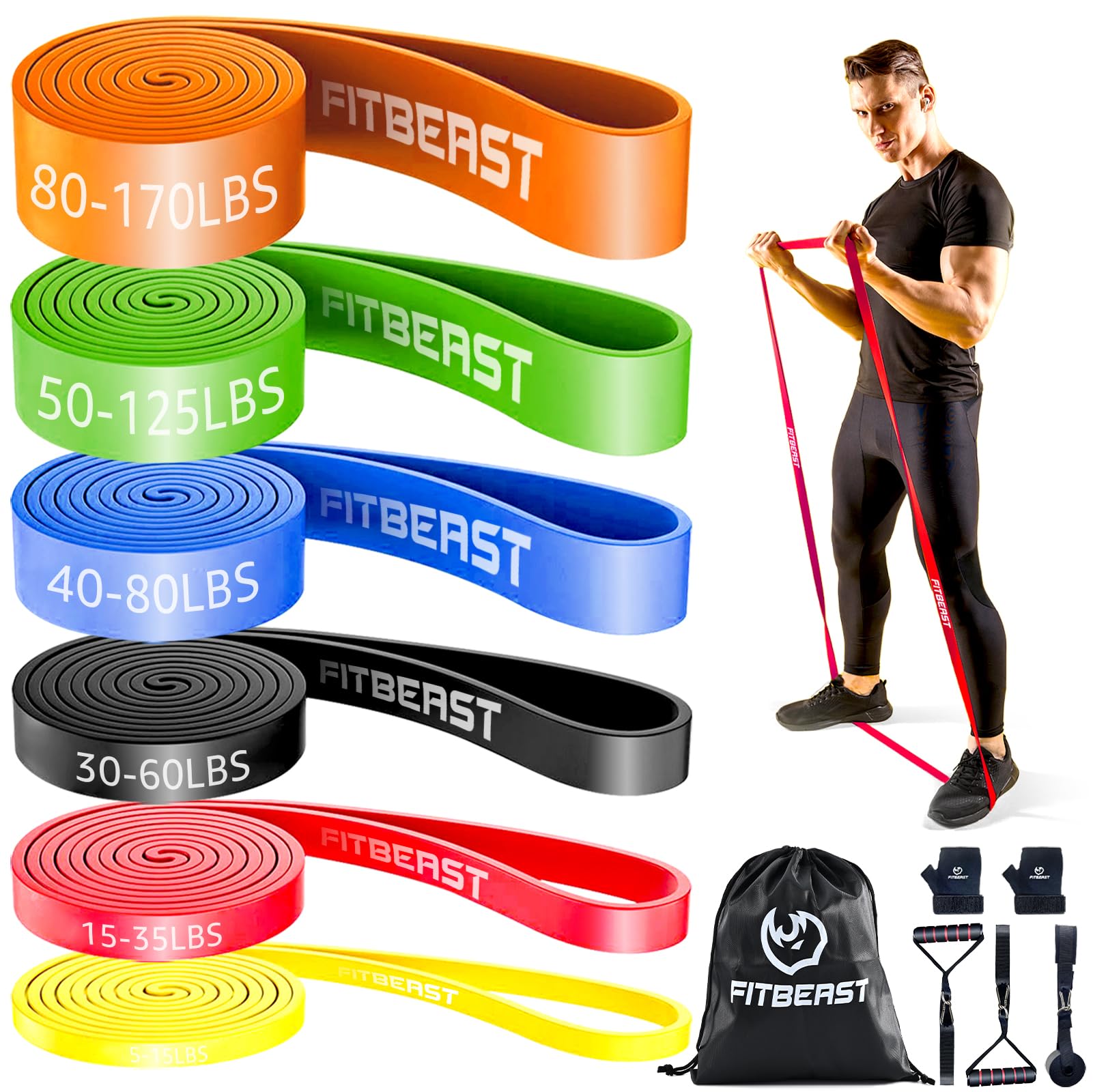 FitBeast Widerstandsbänderset, Fitnessbänder/Trainingsbänder mit Handschuhen & Türanker für Krafttraining & Training zu Hause