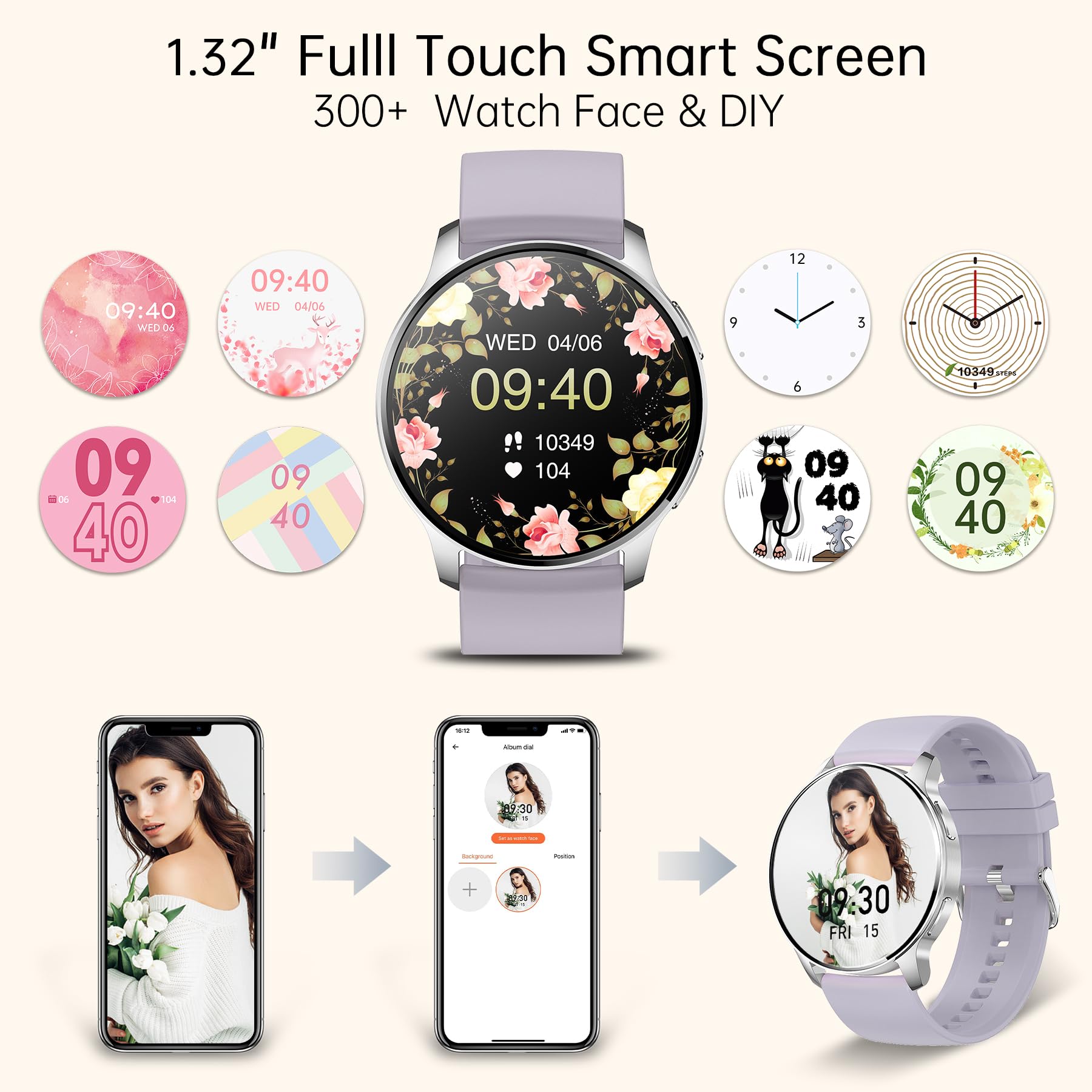 Betatree Smartwatch Donna Chiamate e Risposta Notifiche Messaggi,1,32" Orologio Fitness Tracker,20 Modalità Sportivo SpO2 Contapassi Cardiofrequenzimetro Cronometro Sport Smart Watch per Android iOS